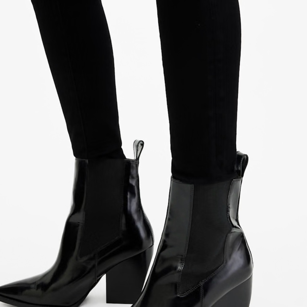 All Saints RIA Black Ankle Boots with Pointed Toe and High Block Heel - Picture 2 of 9